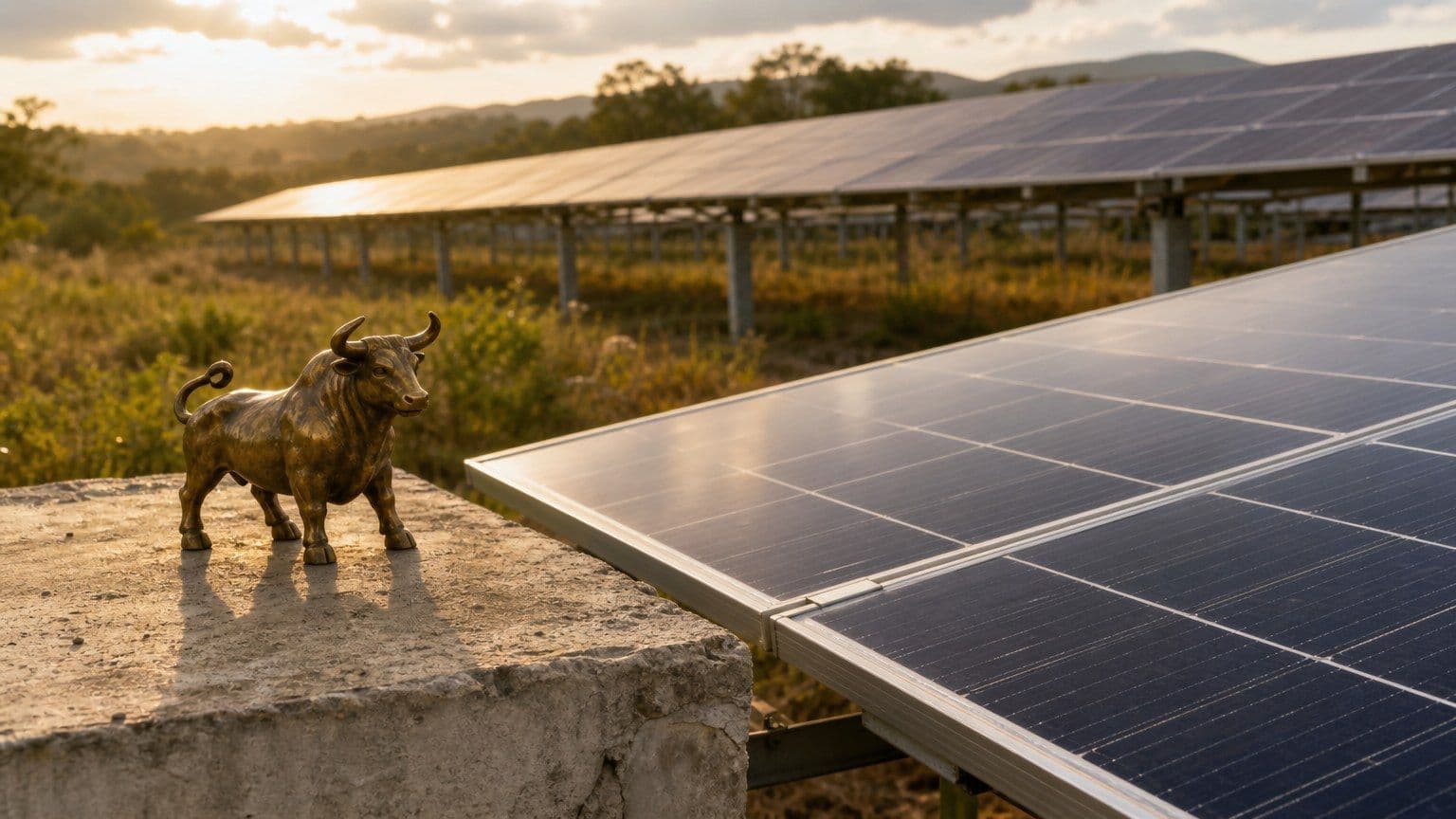 Žalvarinis bulius prie saulės modulių masyvo saulės elektrinėje.