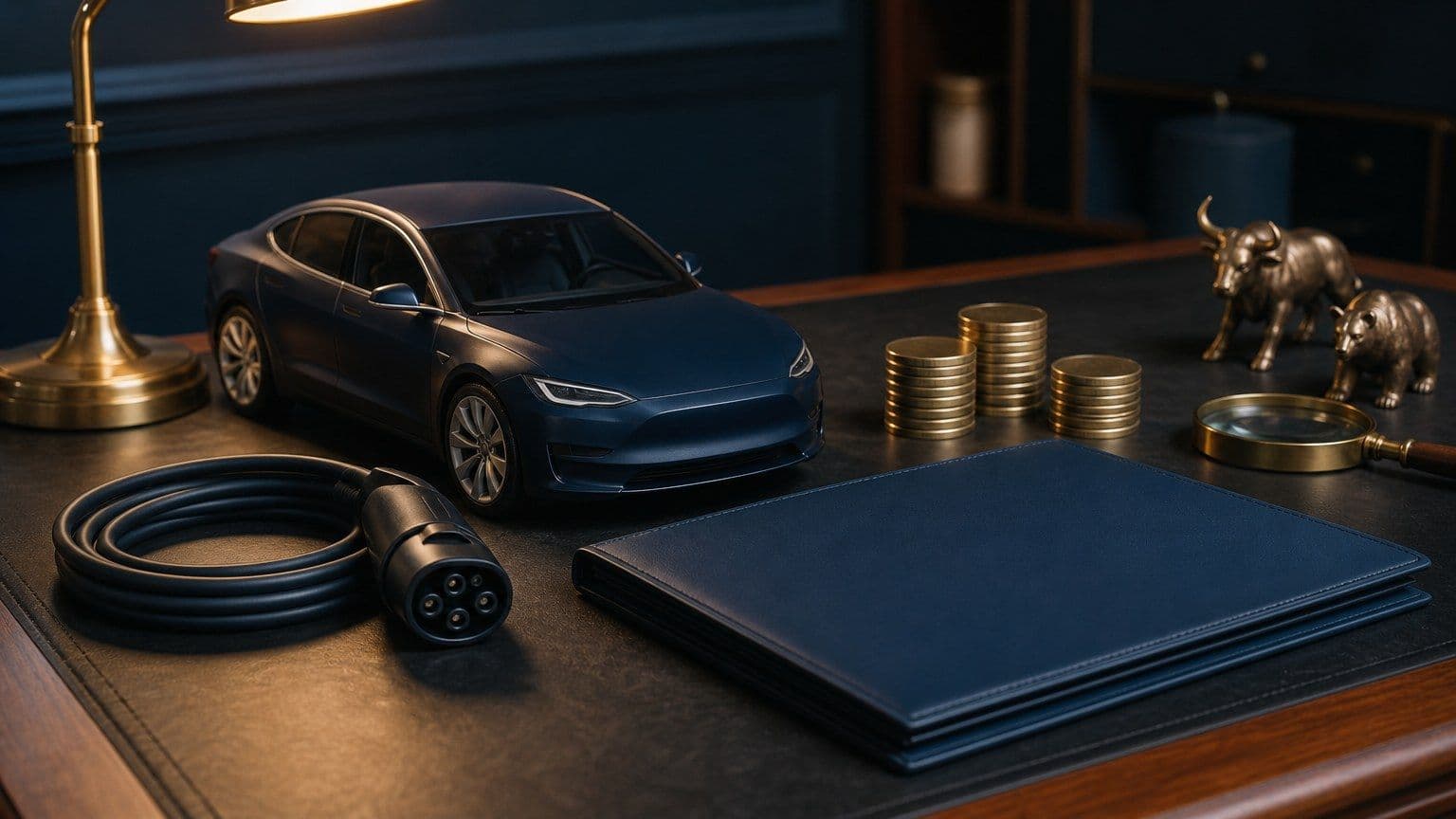 Ant investavimo stalo matomas tamsiai mėlynas elektromobilio modelis, įkrovimo laidas, portfelio aplankas ir monetos.